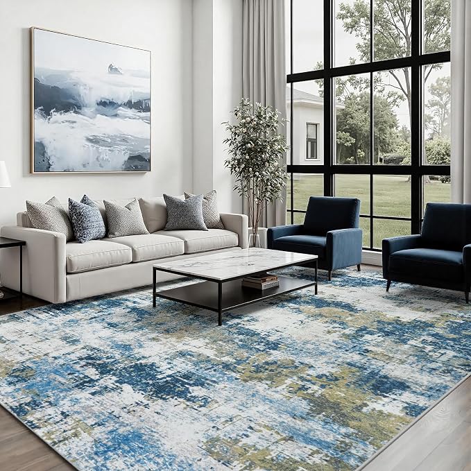 4x6 Area Rugs for Living Room: Washable Soft Blue Abstract Bedroom Carpet | Non-Slip TPE & Stain Resistant,0.25" Low-Pile,Kids Pet Friendly Modern Decor for Dining Room Farmhouse Office, Non-Shedding