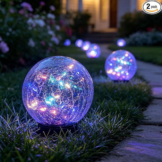 HOTEAGLE Solar Globe Lights Outdoor Waterproof-Large 2-Pack LED Solar Balls Lights for Outside Garden-Cracked Glass Ball Solar Lights for Garden Patio & Lawn Backyard Decor (Polychrome, 5.9 inch)