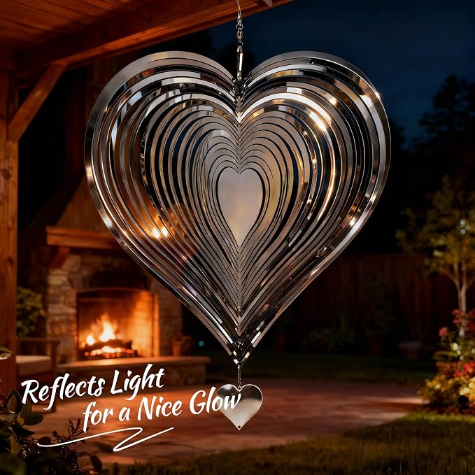 Wind Spinner 12-Inch Outdoor Decoration Gift for Mom | Hanging Yard Art, Garden Decoration for Outdoor and Indoor, Gift for Grandma and Women, 3D Heart, Stainless Steel, 2 Pack