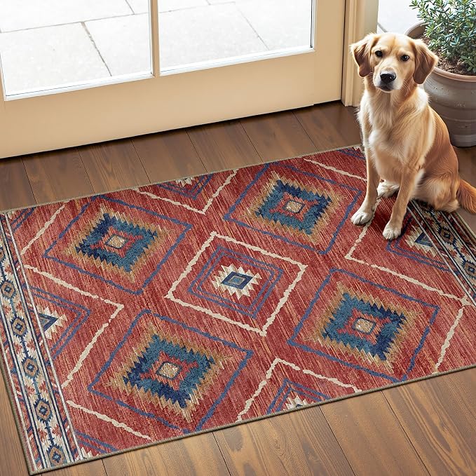 Area Rug 2x3 Rug Machine Washable Non-Slip Low Pile Print Pattern Western Rug for Living Room Bedroom Entryway Tribal Series -Red/Orange | Western No Slip Low Pile Print Foldable Indoor Small Rug for Kitchen entryway doormat