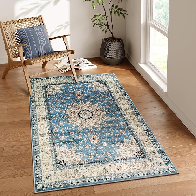 Lahome Felice Oriental Floral Medallion Area Rug - 3x5 Blue Distressed Entry Throw Rug Vintage Faux Wool Indoor Accent Rug Non-Slip Washable Low-Pile Carpet for Entrance Living Dining Room Bedroom