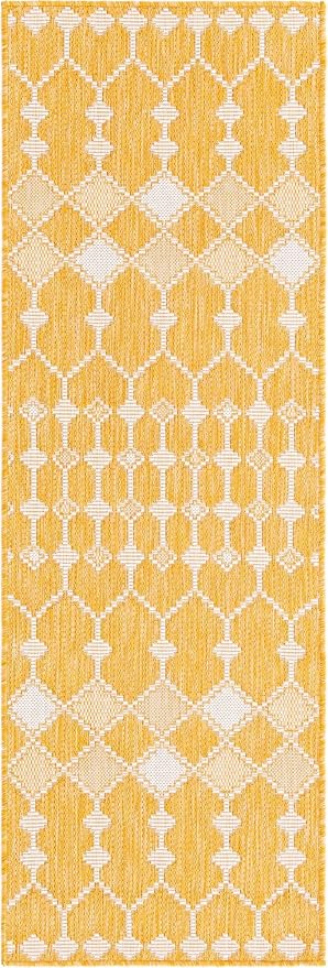 Unique Loom Outdoor Trellis Collection Area Rug - Traliccio (2' x 6' 1" Runner, Yellow/ Ivory)
