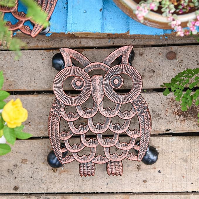Sungmor Heavy Duty Cast Iron Plant Caddy with Wheels - 2 Pack Vintage Owl Design Plant Stand, Metal Rolling Plant Tray for Indoor & Outdoor Use - 11 Inch, Antique Bronze