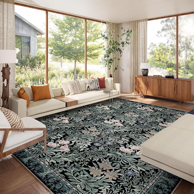 Washable Area Rugs 9x12 Black Green Vintage Floral Botanical Pattern,Perfect for Living Room, Bedroom, Kids Room, Nursery - Stain & Water Resistant Non-Slip, Pet & Child Friendly/Bedroom Decor
