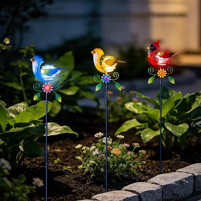 Birds Solar Garden Lights, 26" H Whimsical Decorative Solar Stake Light, 3 Pcs Outdoor Cardinal Statues Figurine Lights for Garden Lawn Patio Yard Decoration