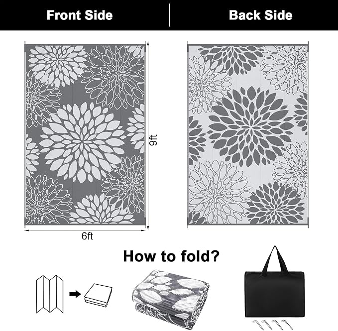 Ileading Waterproof Outdoor Rug 6x9, Reversible Plastic Straw Patio Rug, Portable Indoor Outdoor RV Camping Mat Carpet for Deck, Porch, Balcony, Backyard, Picnic, Floral Grey