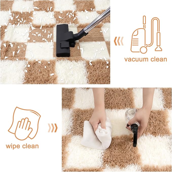Checkered Rug 9x12 for Living Room, Ultra Fluffy Fuzzy Shag Large Area Rug for Bedroom, Modern Plush Soft Upgrade Non-Slip Carpet for Kids Girls and Boys Room Dorm Home Decor, Cream and Camel