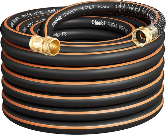 Heavy Duty Garden Hose 50 ft x 5/8", 5-Layer Hybrid Rubber Water Hose with 3/4" Swivel Brass Male to Female Fittings, 1000 PSI Burst, No-kink for Lawn, Backyard, Black & Orange