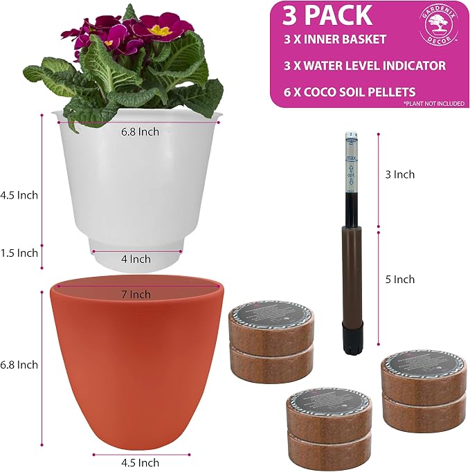 GARDENIX DECOR Self Watering Pots for Indoor Plants 3 Pack - Flower Pot with Water Level Indicator for Plants, Grow Tracking Tool - Self Watering Planter Plant Pot - Coco Coir - Terracota