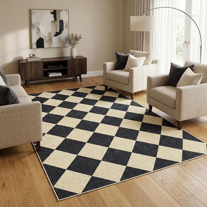 GarveeHome 5x7 Checkered Area Rug Black and Brown Washable Living Room Rug | Modern Geometric Farmhouse Carpet Soft Low Pile Non Slip Diamond Floor Mat Plaid Print Throw Rug for Dining Room Playroom