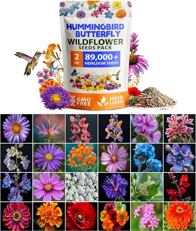 HOME GROWN Premium Wildflower Seeds Bulk Mix | 89,000+ Non-GMO Native Perennial Flower Seed for Planting | 23 Varieties for Bees, Butterflies & Birds | Full Sun & Shade | 2 oz