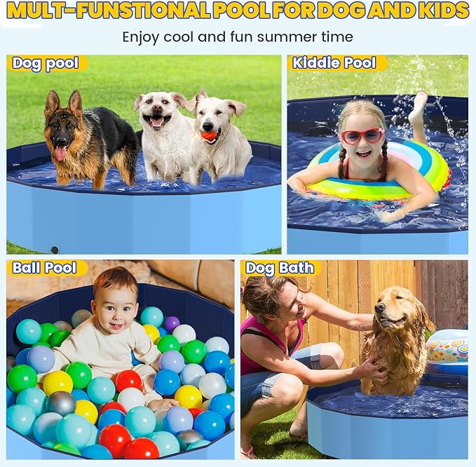 PETOCAT 97" Foldable Dog Pool Kiddie Swimming Pool,Plastic Non-Slip Hard Shell Kids Wading Pool, Large Portable Collapsible Pet Puppy Bathing Tub, Heavy Duty - Family Size, 8 ft x 16 inch.D - 5XL