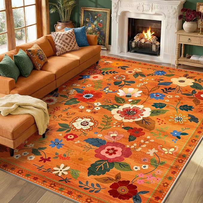 RELEANY Floral Washable 9x12 Area Rugs BurntOrange | Flower Carpet, Print, Boho, Non-Slip, Easy to Clean, Soft, Low Pile for Living Room Bedroom Kitchen Office Entryway Hallway