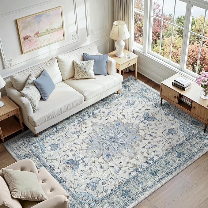 RELEANY Washable Area Rug, 8'x10', Blue/White/Gray | Non-Slip, Water Repellent, Pet Friendly, Easy to Clean, Vintage Floral Boho Decor for Living Room Bedroom Dining Room