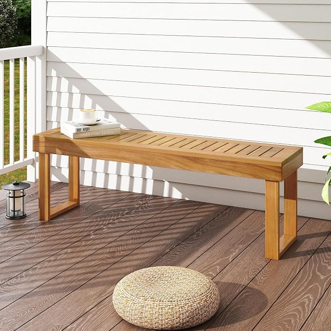 HAPPYGRILL Outdoor Acacia Wood Bench for 3-Person Patio Backless Farmhouse Bench with Slatted Seat, 800 LBS Heavy Duty Dining Bench for Entryway Porch Dining Room (2)