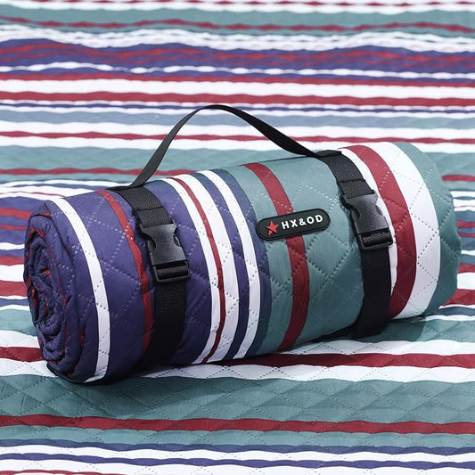 HX&OD Outdoor Picnic Blanket Extra Large, 80''*60'' Waterproof Picnic Mat with Stakes Foldable Camping Blanket Portable with Carry Strap for Beach Mat (Green& White, 80''*60'')