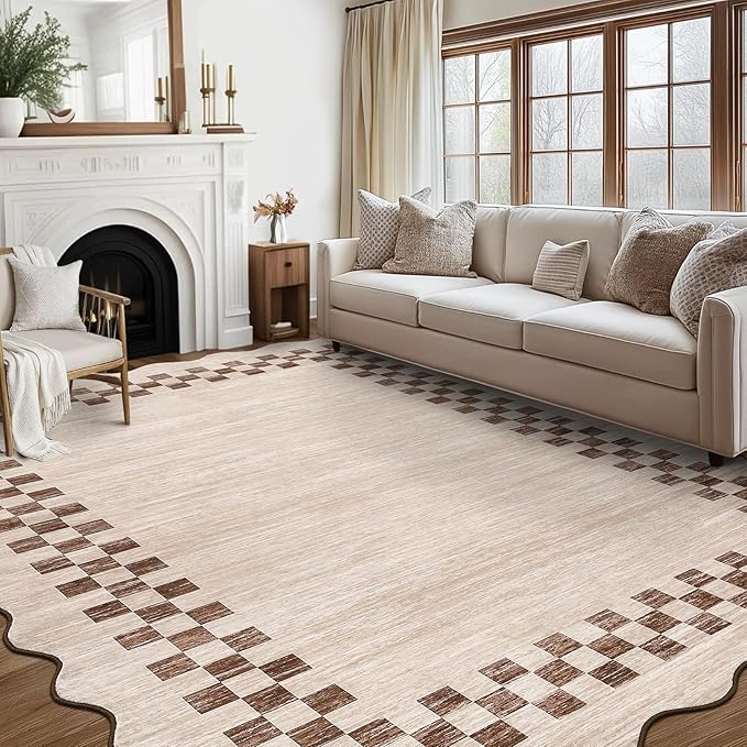 GarveeHome 8x10 Rug for Living Room Scalloped Washable Large Bedroom Rug | Non Slip Stain Resistant Modern Border Dining Room Throw Carpet Scalloped Rugs for Home Decor Office Nursery, Beige