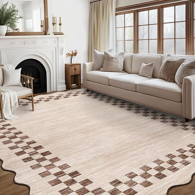 GarveeHome Washable Rug 5x7 for Living Room Large Bedroom Scalloped Rug | Non Slip Stain Resistant Modern Border Throw Carpet Soft Modern Rug for Dining Room Nursery Home Office, Beige