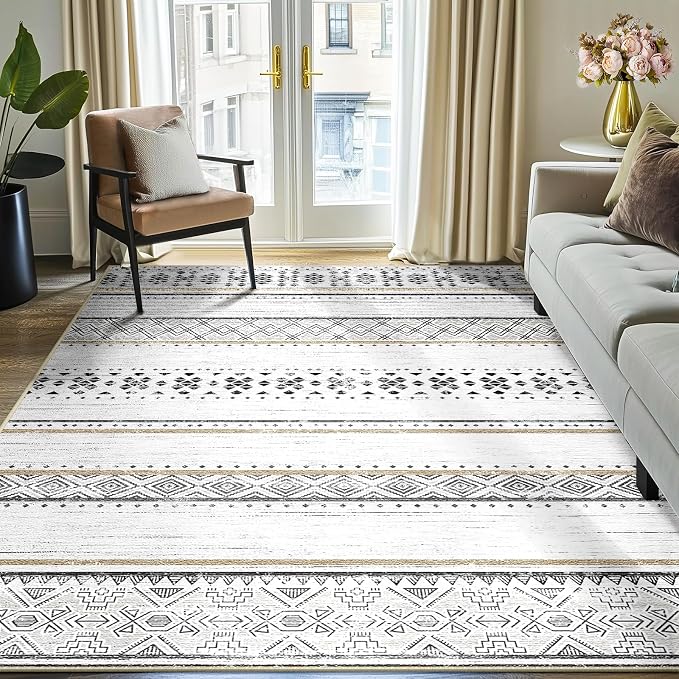 5x7 Washable Area Rugs for Living Room Boho Bedroom Rug Black/Brown | Vacuum Friendly, Machine Washable, Non-Slip Rug, Stain Resistant, Moroccan Geometric, Low Pile Carpet, Dining Room Kitchen