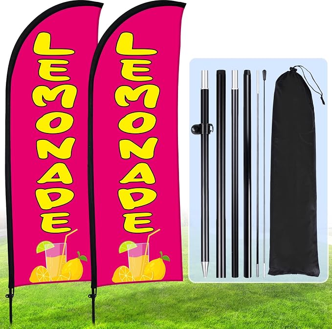 Buryeah 2 Pack Lemonade Feather Flag for Business Advertising 7x5.4ft Feather Flag Sign with Flagpole Ground Stake Portable Bag Lemonade Banner with Rope for Outside Garden Business Party (Rose Pink)
