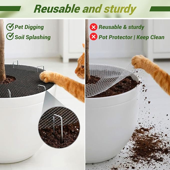 Cuttable Plant Pot Grid Set, 15.7" W x 236" L Indoor Plant Protector from Cats, Pot Soil Cover Protector from Animals with Stakes & Zip Ties for Garden Balcony, Fits Different Pot Sizes(Black)