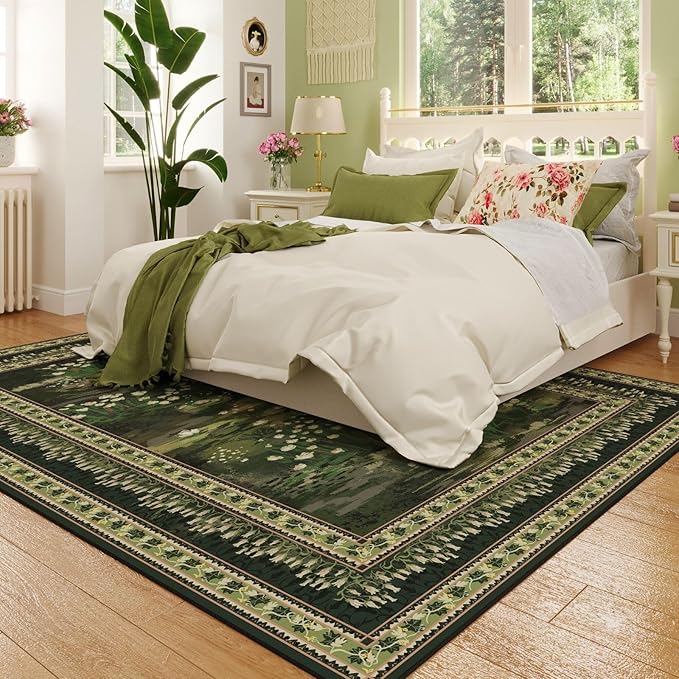 Rugcomf Area Rugs 9x12 Living Room Clearance Impressionist-Style Vintage Washable Rug Non Slip Low Pile Large Rug for Bedroom Farmhouse Dining Room Kids Playroom, Green