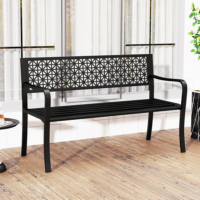 Tangkula Metal Outdoor Park Bench, 50 Inches Patio Garden Bench with Patterned Backrest and Curved Armrests, 2-3-Person Patio Bench, Outdoor Metal Loveseat Chair for Porch, Lawn, Yard and Park