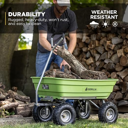 Gorilla Carts Poly Garden Dump Cart, 4 Cu Ft Tub, 600 lb Haul Capacity, Green – Heavy-Duty Utility Wagon with Quick-Release Dumping & Pneumatic Tires for Yard, Landscaping and Gardening