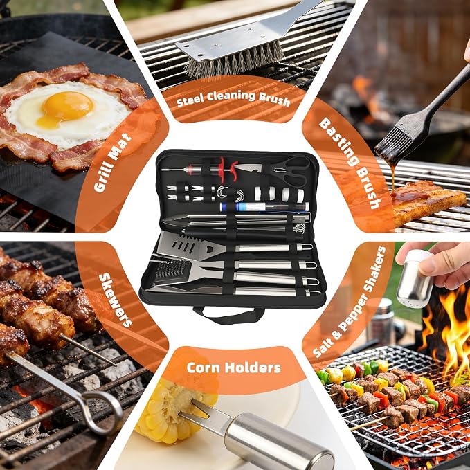 32PCS Grill Accessories Set Grilling Gifts for Men, 16 Inches Heavy Duty BBQ Accessories, Stainless Steel Grill Utensils Set with Thermometer, Grill Tools for Backyard Camping for Men Women - Sliver