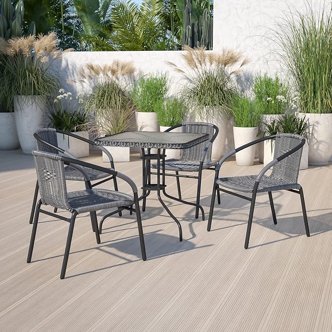 Flash Furniture Barker 28'' Square Tempered Glass Metal Table with Gray Rattan Edging