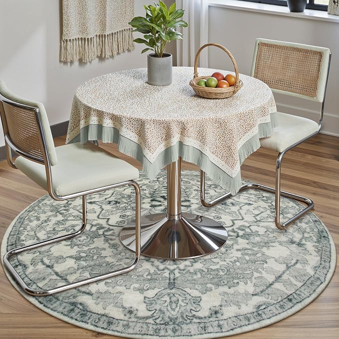 Lahome Reine Round Rug 4ft, Soft Rug for Bedroom Machine Washable Office Circle Rug, Bohemian Medallion Non-Slip Non-Shedding Low Pile Printed Indoor Carpet for Kitchen Laundry Bathroom, Beige