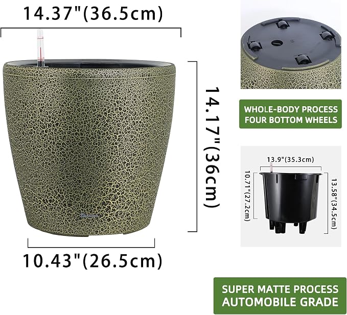 Dexceder 15x14 Self Watering Planter with Wheels (Black Gold Crackle) | Inner Pot Design, Thickened Large Floor Standing Flower Plant Pot with Water Level Indicator Indoor Outdoor