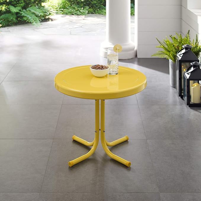 Crosley Furniture Griffith Weather Resistant Retro Metal Outdoor Side Table for Patio, Deck, Porch, Yellow