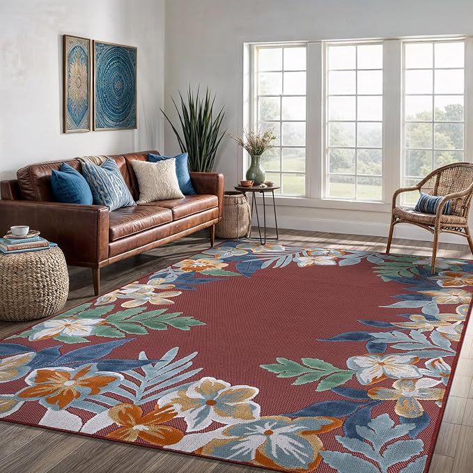 Outdoor Rug 10x14 Washable Area Rugs Indoor Outdoor Carpets Red Border Floral Non Shedding Waterproof Easy Clean Patio Deck Porch Living Room Bedroom Garden RV (10 X 14 Red)