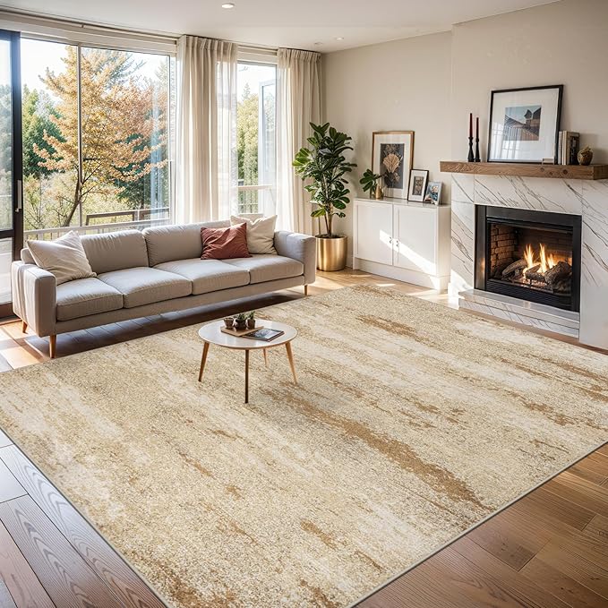 PLHXFR 10x12 Area Rug Living Room: Modern Abstract Washable Carpet Beige | For Bedroom Dining Room Farmhouse Nursery Home,Machine washable,Non Slip,Large Soft Neutral,Stain Resistant, Indoor Floor
