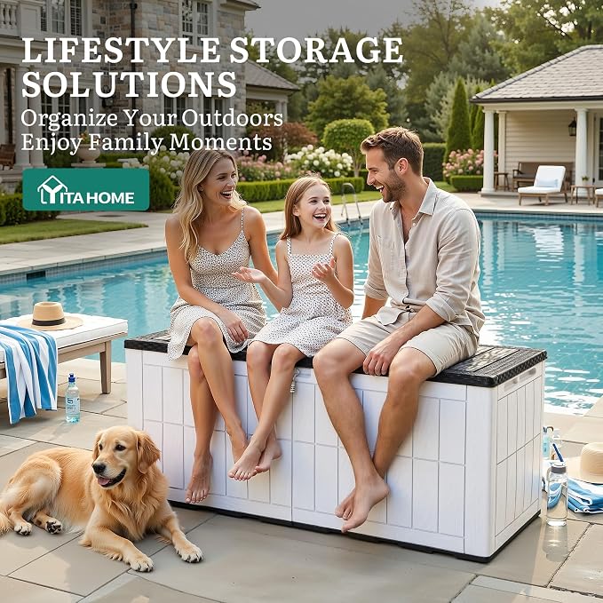 YITAHOME 134 Gallon Large Outdoor Storage Box with Lock | Waterproof Resin Deck Box w/Hydraulic Piston for Garden Tools, Pool Accessories & Cushions(Black & Grayish-White)