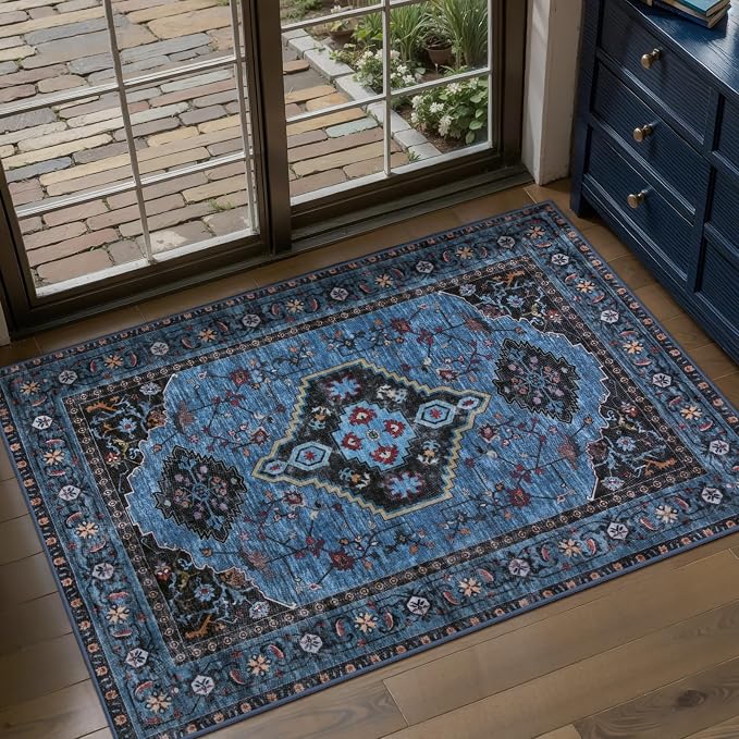 Tangsoo Oriental 2x3 Washable Rugs for Entryway, Non Slip Small Area Rug | Blue Vintage Indoor Front Door Rug, Boho Print Door Mat Soft Low Pile Throw Rugs for Entrance Entry Kitchen Bedroom Bathroom