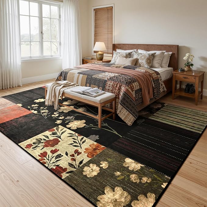 DweIke Floral Rugs for Living Room, 6x9 Washable Area Rug for Dining Room Farmhouse Office Bedroom Decor, Geometric Patchwork Stain Resistant Low Pile Indoor Floor Throw Rugs, Black Colorful