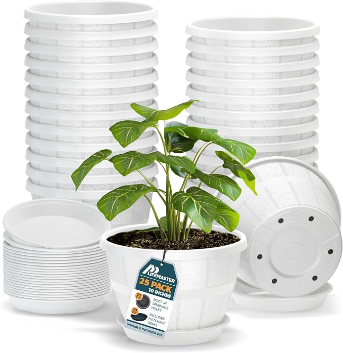10-Inch Whiskey Barrel Planters Outdoor Pack of 25 - Durable Plastic Plant Pots for Indoor & Outdoor Use with Drainage & Saucer, Lightweight Rustic Barrel Planters for Flowers, Herbs & Small Plants
