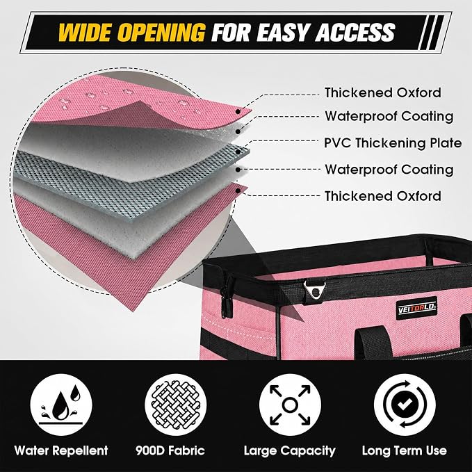 Veitorld 16-Inch Tool Bag Tool Box Organizer, Heavy Duty Tool Organizer with 19 Pockets, Wide Mouth Design for Easy Access, Portable Tool Tote Gift for Women and Men, Garage, Workshop, Pink