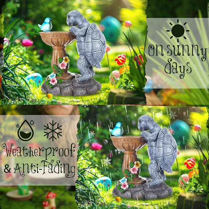 Turtle Birdbath Outdoor Garden Decor 10.25 Inch Solar Bird Turtle Statues Ornaments with Succulent and Solar LED Lights for Outside Decorations Yard Art Lawn Porch Patio Housewarming Gifts