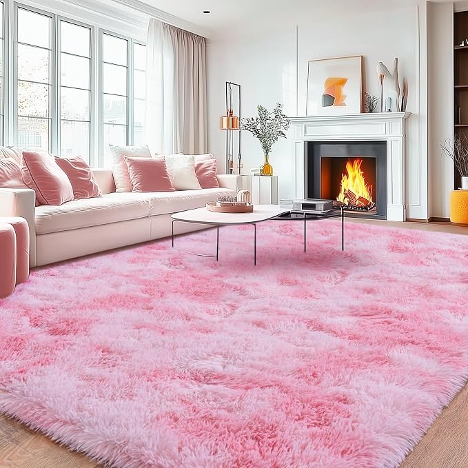 8x10 Area Rugs for Living Room, Large Ultra Fluffy Fuzzy Shag Rug for Bedroom, Modern Plush Soft High Pile Upgrade Non-Slip Carpet for Kids Girls and Boys Room Dorms Decor, Tie-Dyed Pink