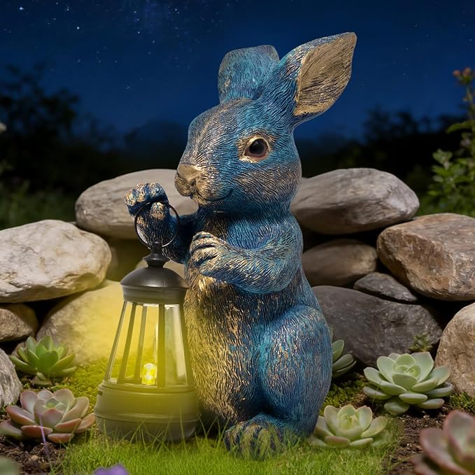 basen Outdoor Bunny Statue with LED Lantern, Battery Powered Resin Rabbit Garden Decor, Weather Resistant Lawn Yard Patio Ornament for Outdoor Indoor Spring Easter Home Decoration