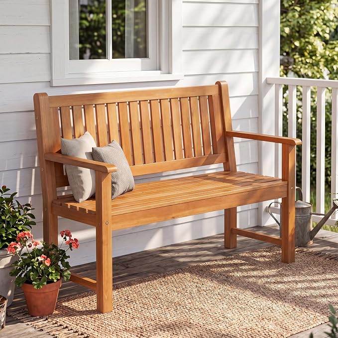 Tangkula 2-Seater Outdoor Wooden Bench, Garden Loveseat Bench with Backrest, Armrests, Slatted Seat, Loads up to 660 LBS, Fir Wood Bench Seating for Porch, Backyard, Deck, Poolside (45.5",Natural)