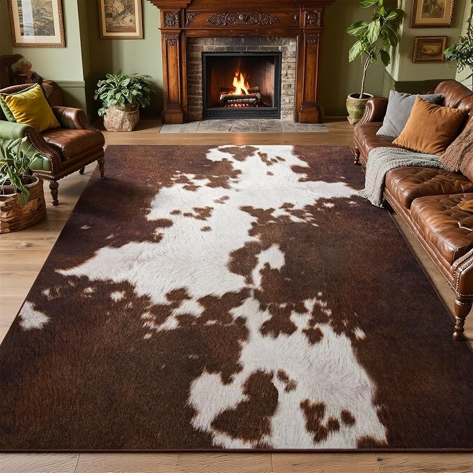 DweIke Cow Print Rugs for Living Room, 8x10 Large Soft Faux Animal Cowhide Area Rug, Washable Non-Slip Stain Resistant Throw Carpet for Dining Room Office Western Home Decor, Red Brown