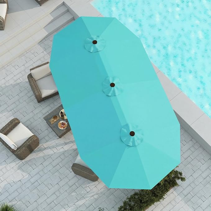 15FT Large Patio Umbrella with Base Included, Double Sided Outdoor Market Umbrella with Flexible Fiberglass Ribs, UV-Blocking Extra Large Umbrella for Garden, Pool, Deck, Aqua Blue