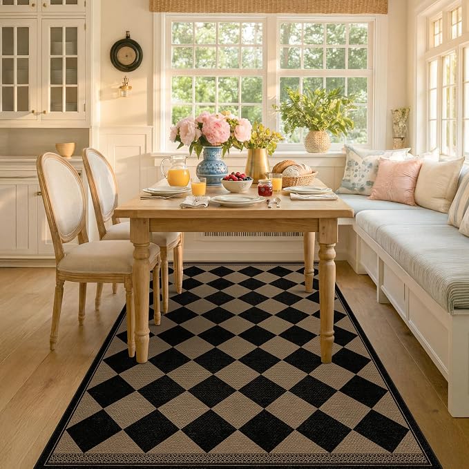 Boho Checkered Easy Jute Indoor Outdoor Rugs for Dining Room Living Room Patio 5x7, Non Skid Washable Checkered Outdoor Rug, Farmhouse Geometric Carpet for Bedroom, Backyard, Brown Diamond Décor
