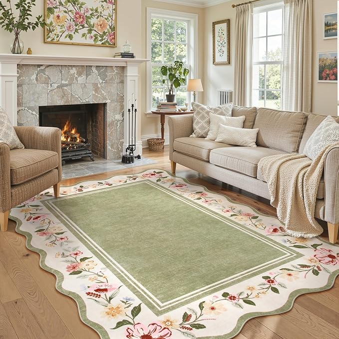 Lahome Floral Scalloped Rug 5x7, Green Rugs for Living Room Ultra-Thin, Vintage Boho Washable Area Rug 5x7 Soft Bedroom Rugs Non-Slip Throw Carpet for Farmhouse Dining Room Playroom Ariele
