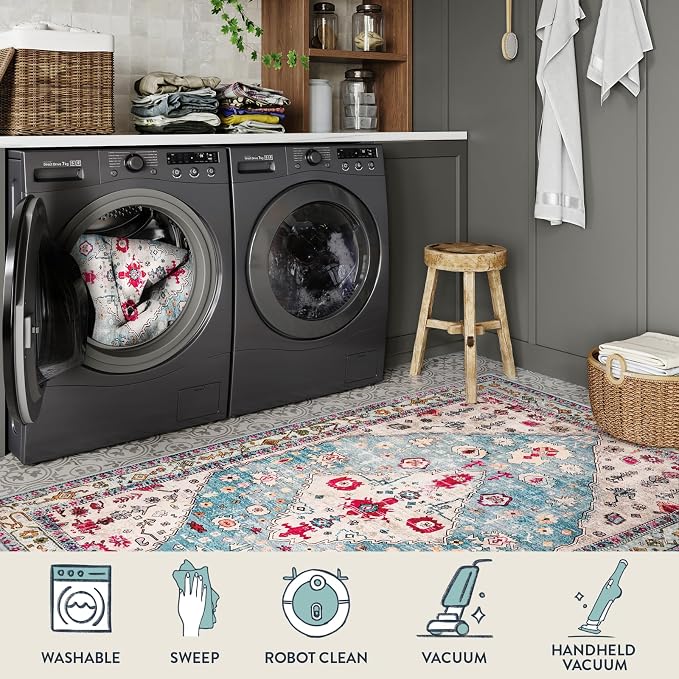 Lahome Felice Boho Tribal Area Rug - 2x3 Small Aqua Bath Rugs Kitchen Throw Mat, Soft Washable Non Slip Non Shedding Bohemian Bathroom Bedroom Carpet for Front Door Living Room Stove Chair