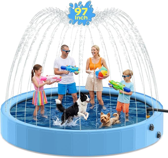 97'' Dog Pool with Sprinkler, Foldable Dog Pools for Large Dogs, 2-in-1 Non-Slip Swimming Pool for Dogs & Kids, Heavy Duty Hard Plastic Pet Bathing Tub for Outdoor Backyard, Blue